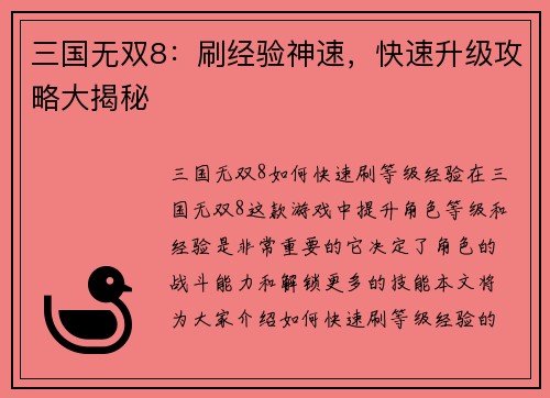 三国无双8：刷经验神速，快速升级攻略大揭秘