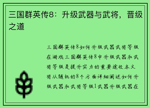 三国群英传8：升级武器与武将，晋级之道